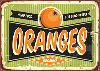 Fresh organic oranges vintage sign template for fruit vendor. Retro label design for natural food products. - obrazy, fototapety, plakaty