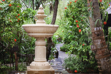 Beautiful fountain in park at tropical resort