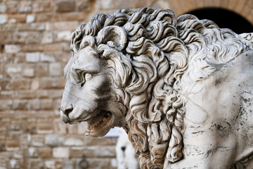 Medieval sculpture of a lion at Piazza della Signoria in Florence, Italy