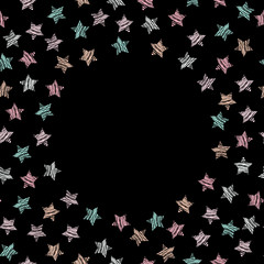 Grunge frame for text. Pastel colored scratched stars and copy space. Scatter. Black background. Abstract banner or poster.