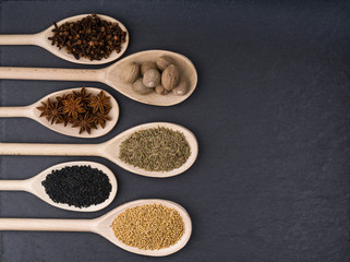 Exotic spices in wooden spoons, on a black background