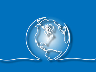 Obraz premium Continuous line drawing. Globe of the Earth. Map side of America. Vector illustration blue background