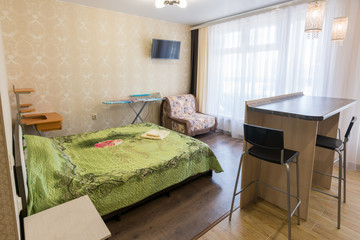 Interior of a bedroom with a sofa in a one-room apartment