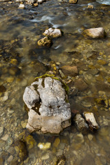 water resources, fishing, nature concept. shallow river with calm transparent waters is moving slowly and lazy, and stones on it is covering by moss and seaweeds over time