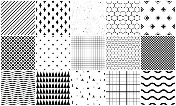 Seamless pattern vector set of geometric textures. Simple black and white shapes background templates.