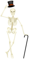 Vector illustration of a skeleton with a top hat and a cane.