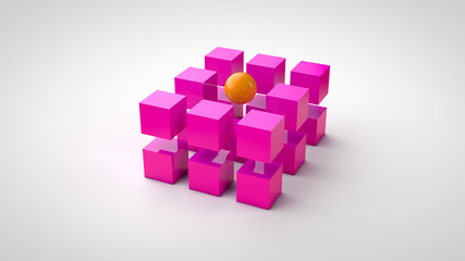 Purple cubes and one orange ball