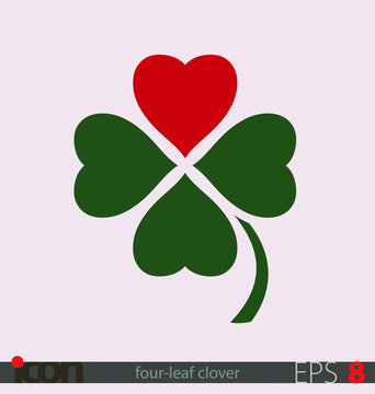 Four leaf clover with a heart leaf, symbol of luck in love or luck and love. Vector icon on isolated background. No. 1 variant.