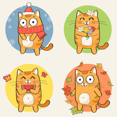 Cute cartoon Cat Character and the four seasons: winter, spring, summer and autumn. Vector illustration