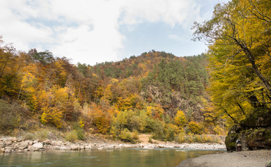 silent, perfection of nature, season concept. at the foot of rocky hills with autumn forests of fire colour there is stony bank and calm river with lazy green waters