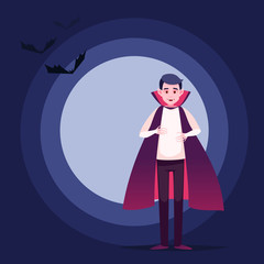 The boy Vampire on background of the moon and Bats.Vector Vampire Character for Halloween. boy dressed as Dracula vector illustration