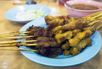 Chicken and beef sate or satay, famous Malaysian Food.