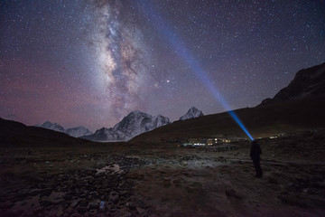 A man with headlamp under the Milky Way