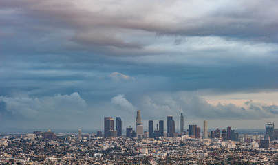 Los Angeles Skyline under ominous rain clouds