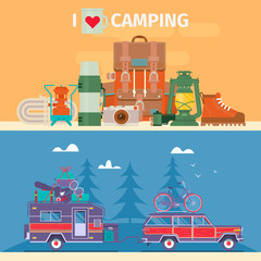 Tourists equipment and travel accessories vector set.Road trip, Adventure, Trailering, Camping concept background. Journey by car.Fans club trailering. Modern flat illustration