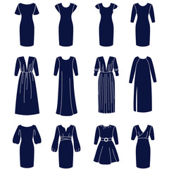 Different types of women dresses with sleeves as glyph icons