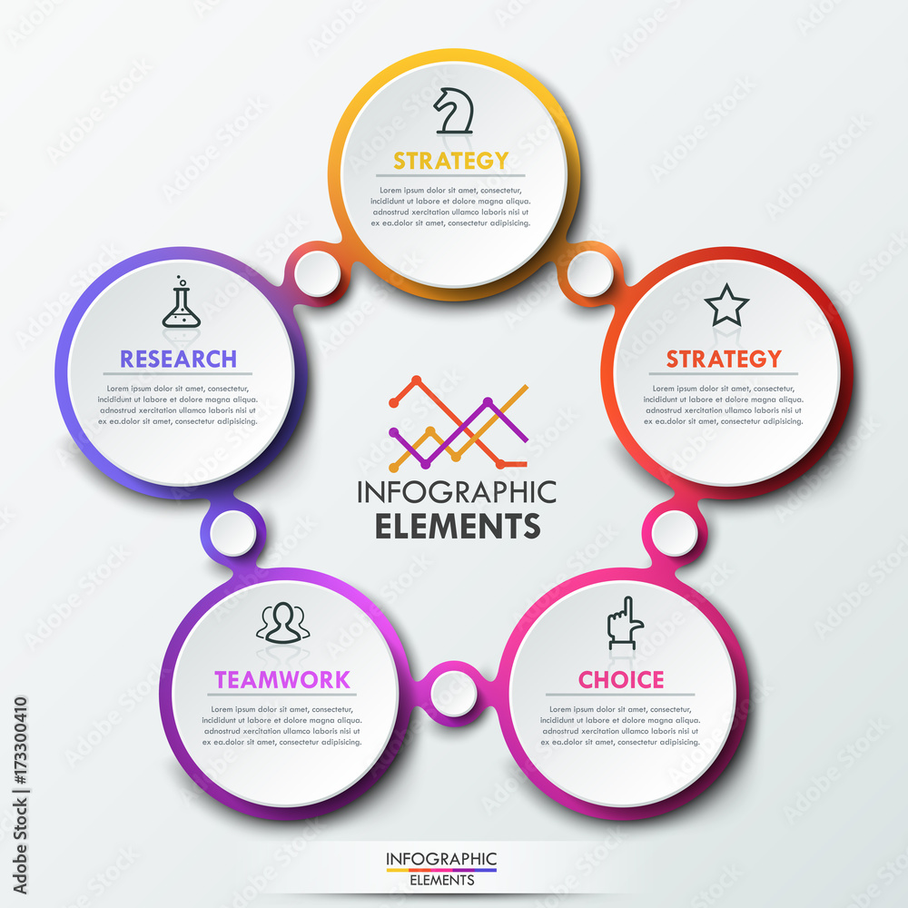 Poster infographic design template with 5 connected circular elements