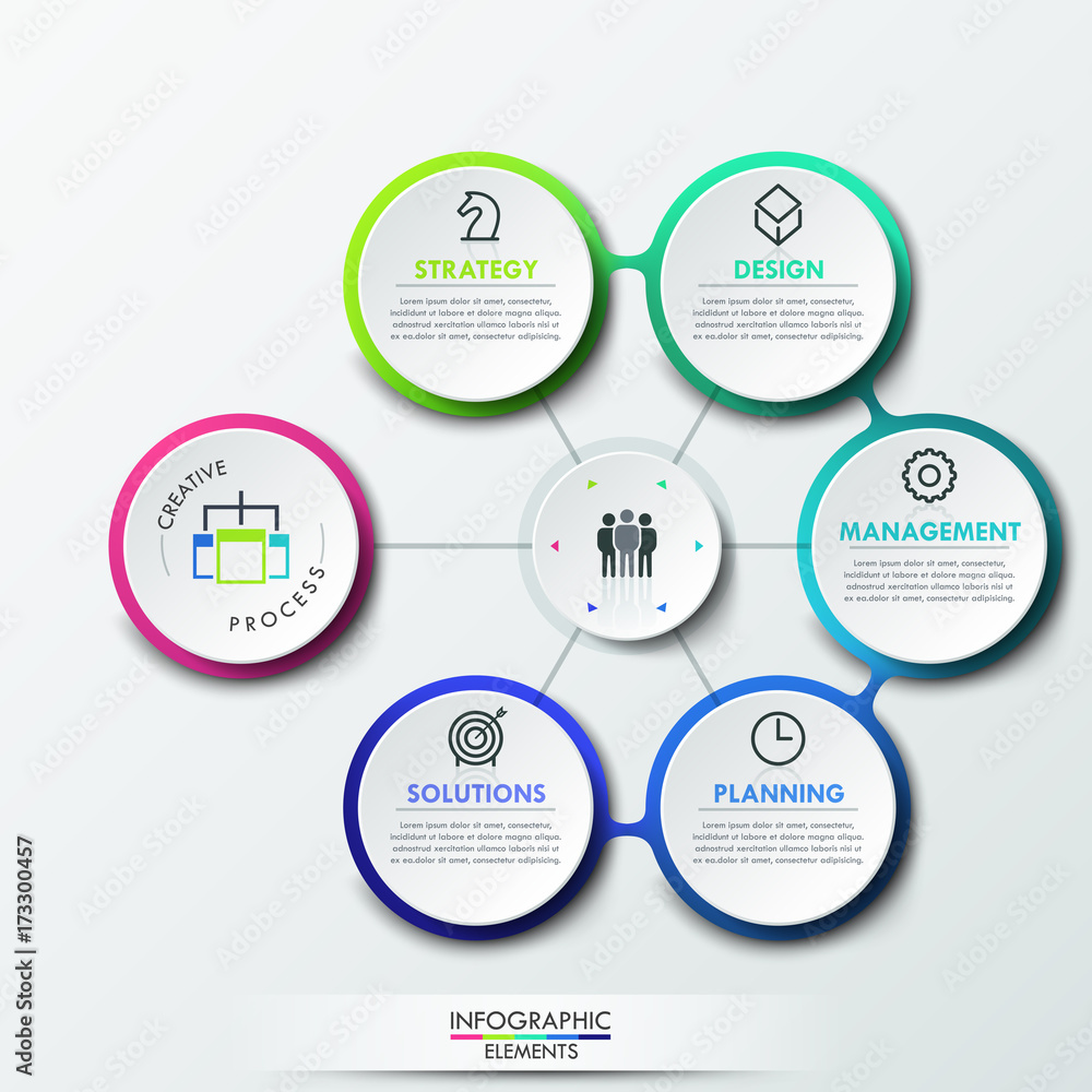 Poster infographic design template with 6 circular elements connected with center,