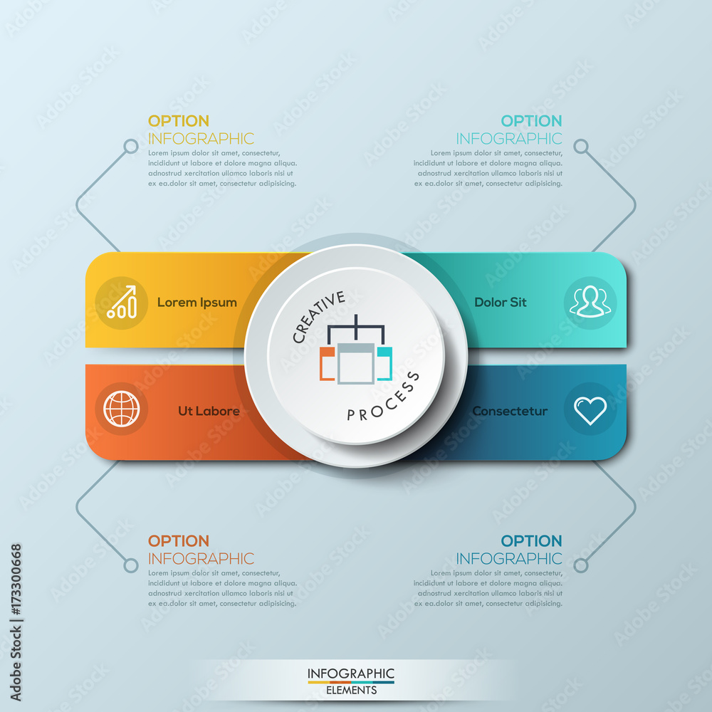 Poster infographic design template with 4 separate rounded rectangles of different colors and circle