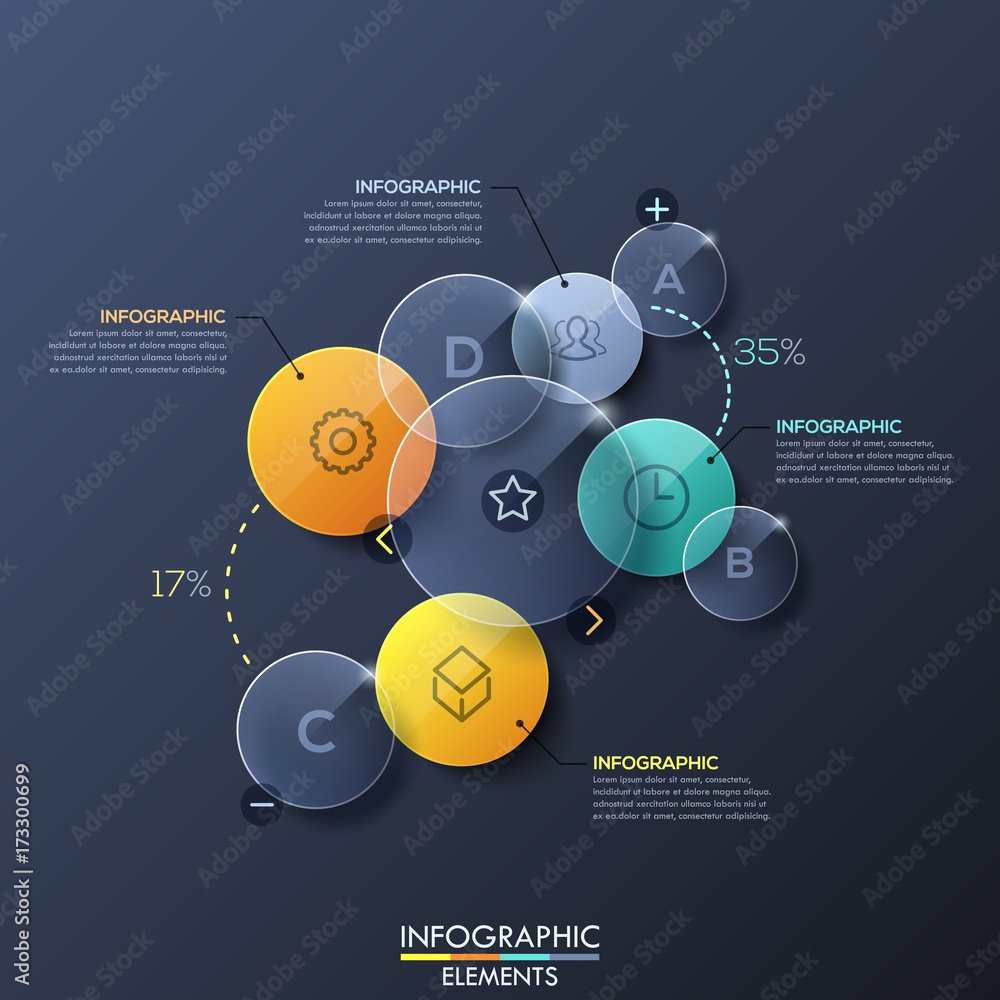 Poster infographic design layout with separate circular transparent elements on dark background