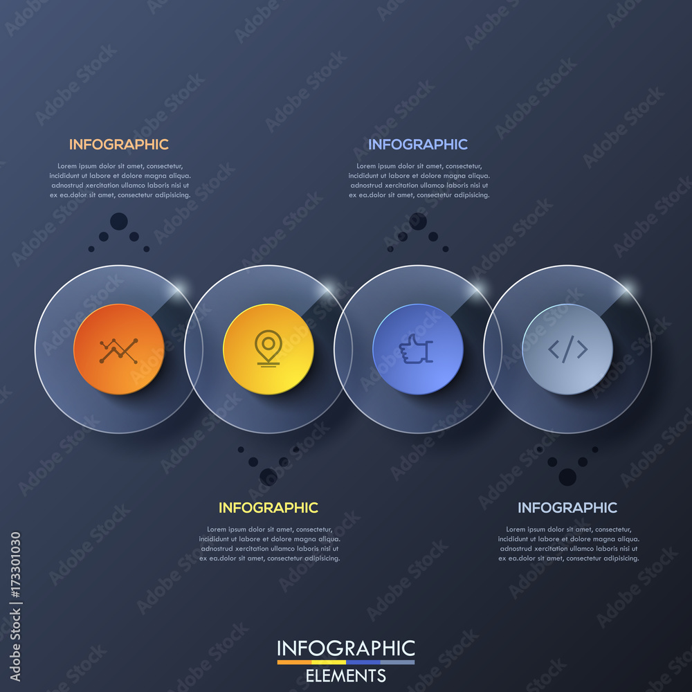 Poster infographic design template with 4 overlapped transparent circular elements on dark background