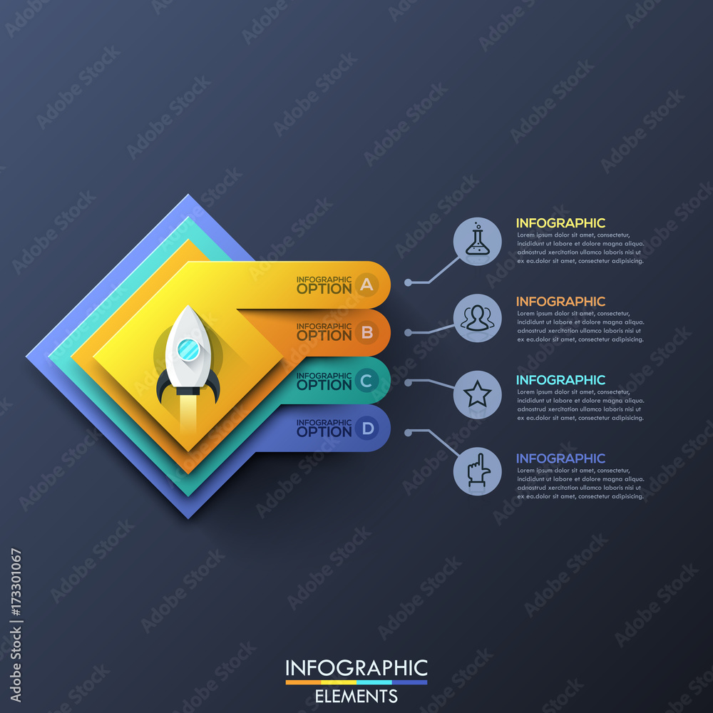 Poster infographic design template with 4 squared layers and space rocket take off