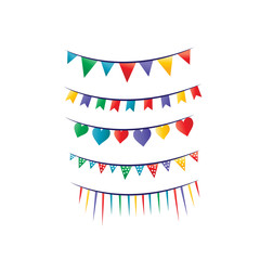 colorful party flags illustration, heart, lines, triangle, icon design, isolated on white background. 