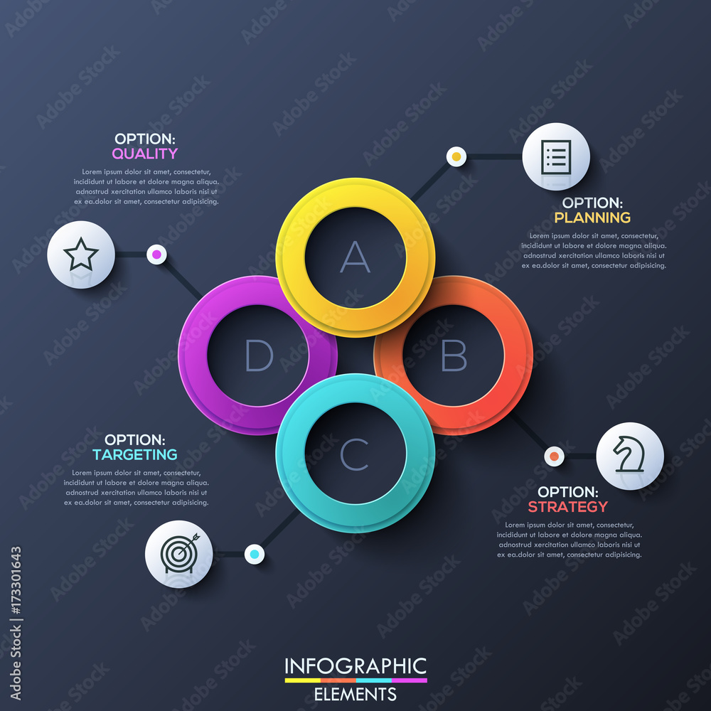 Poster Modern infographic design layout with 4 lettered overlapping rings