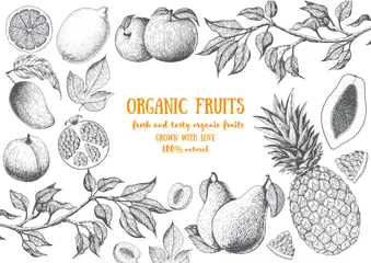 Fotobehang Fruits top view frame. Farmers market menu design. Healthy food poster. Vintage hand drawn sketch, vector illustration. Linear graphic. © DiViArts