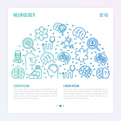 Neurology concept in half circle with thin line icons: brain, neuron, neural connections, neurologist, magnifier. Vector illustration for background of medical survey or report with place for text.