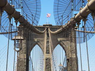 Brooklyn Bridge Tower with USA flag - Brooklyn, New York, NY, United States of America, USA