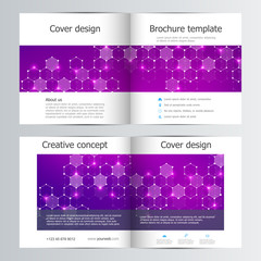 Square brochure template with structure of molecular particles and atom. Polygonal abstract background. Medicine, science and technology concept. Vector illustration.