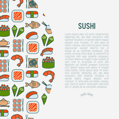 Japanese food concept with thin line icons of sushi, noodles, tea, rolls, shrimp, fish, sake. Vector illustration for banner, web page or print media.