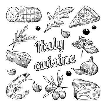 Italian Food Hand Drawn Doodle. Pizza Cheese Olives and Shrimps. Vector illustration