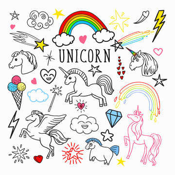 Unicorn Rainbow Magic Freehand Doodle. Stickers and Patches Isolated on White Background. Vector illustration