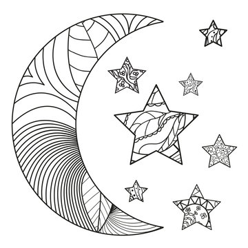 Moon and star with abstract patterns on isolation background. Design for spiritual relaxation for adults. Line art. Black and white illustration for anti stress colouring page. Print for t-shirts