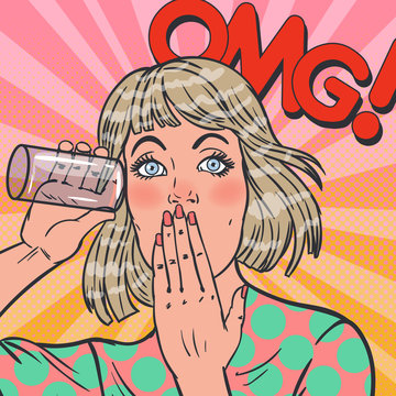 Pop Art Surprised Girl Listening Conversation with Glass. Woman Eavesdrops. Vector illustration