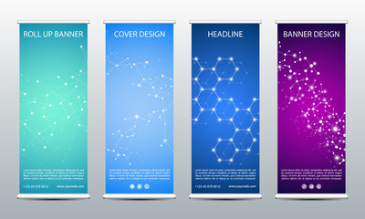 Fototapeta na wymiar Abstract roll up banner for presentation and publication. Science, technology and business template. DNA structure background, vector illustration.