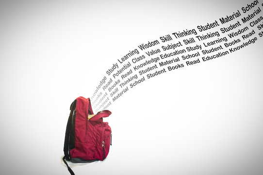 Typography about education visually coming out from the school bag. Isolated white background.