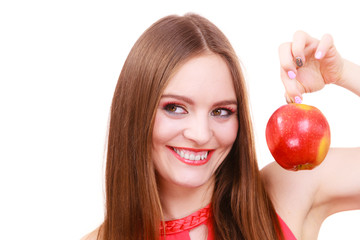 Woman charming girl colorful makeup holds apple fruit