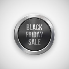 Black friday sale badge, abstract technology circle perforated button with metal texture, chrome, silver, steel and realistic shadow for logo, design concepts, interfaces, apps. Vector illustration.