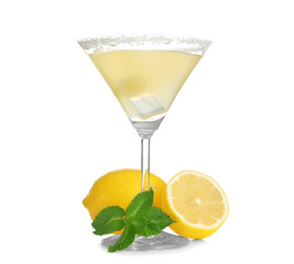 Glass of lemon drop martini with fruit on white background