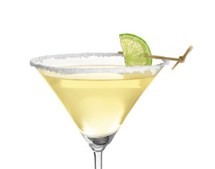 Glass of lemon drop martini on white background