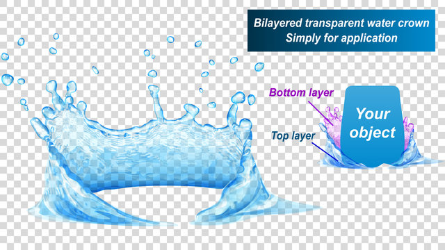 Transparent water crown consist of two layers: top and bottom. Splash of water in light blue colors, isolated on transparent background. Transparency only in vector file