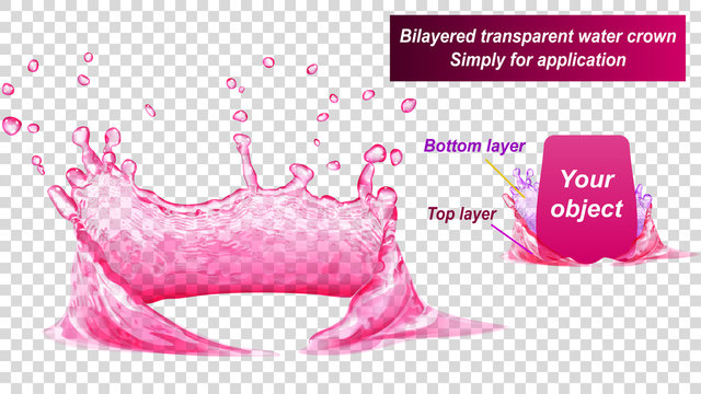 Transparent water crown consist of two layers: top and bottom. Splash of water in pink colors, isolated on transparent background. Transparency only in vector file