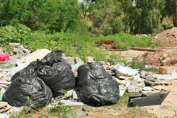 Fototapeta na wymiar Garbage and wastes at spontaneous dump