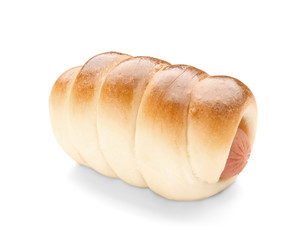 Baked sausage roll on white background, close up