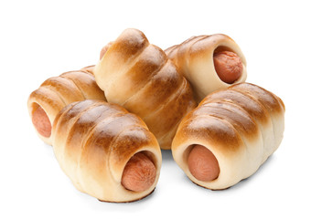 Baked sausage rolls on white background