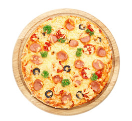Tasty pizza with sausage on white background