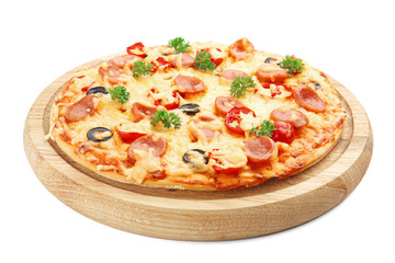 Tasty pizza with sausage on white background